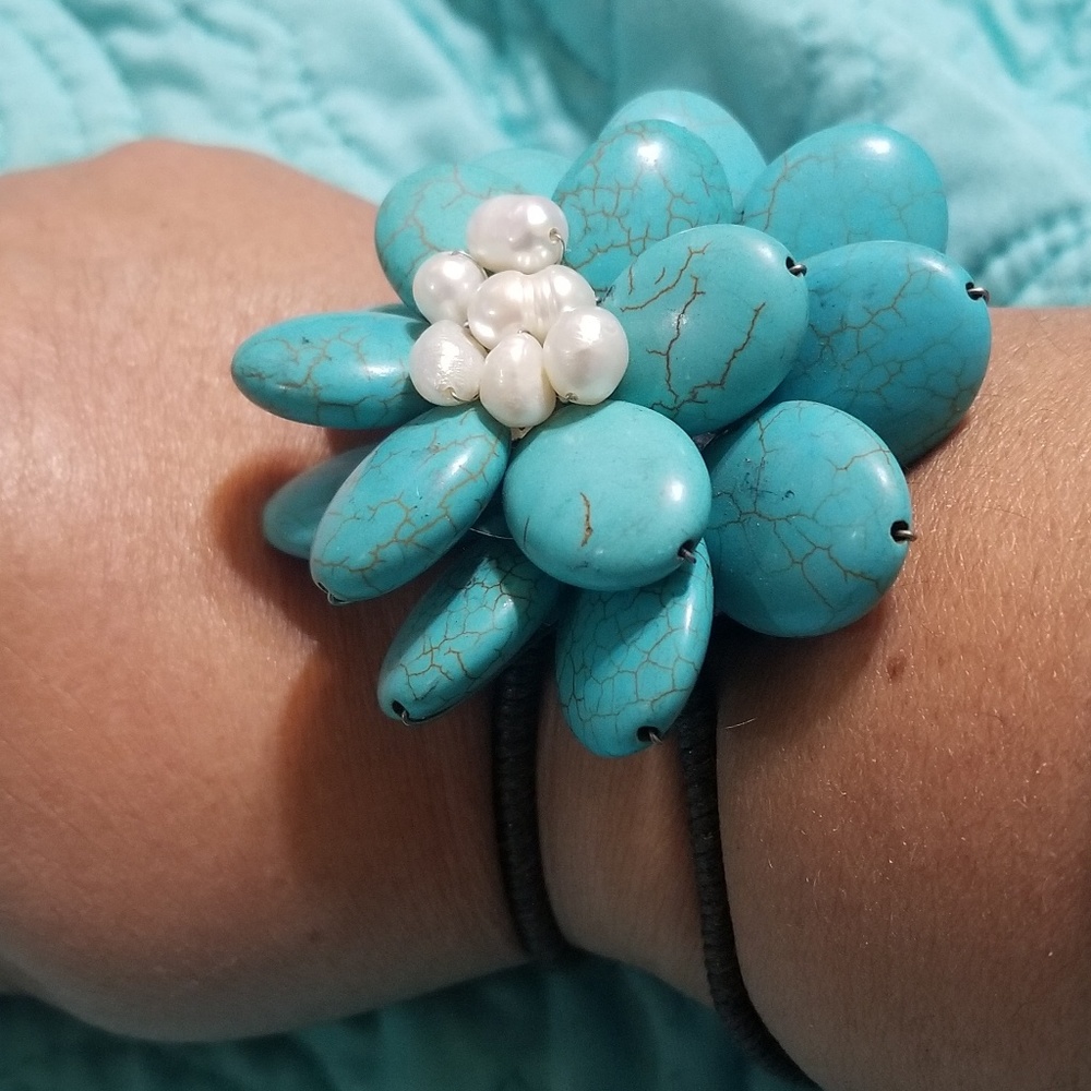 Adjustable Torqoise and Pearl Cluster Bracelet